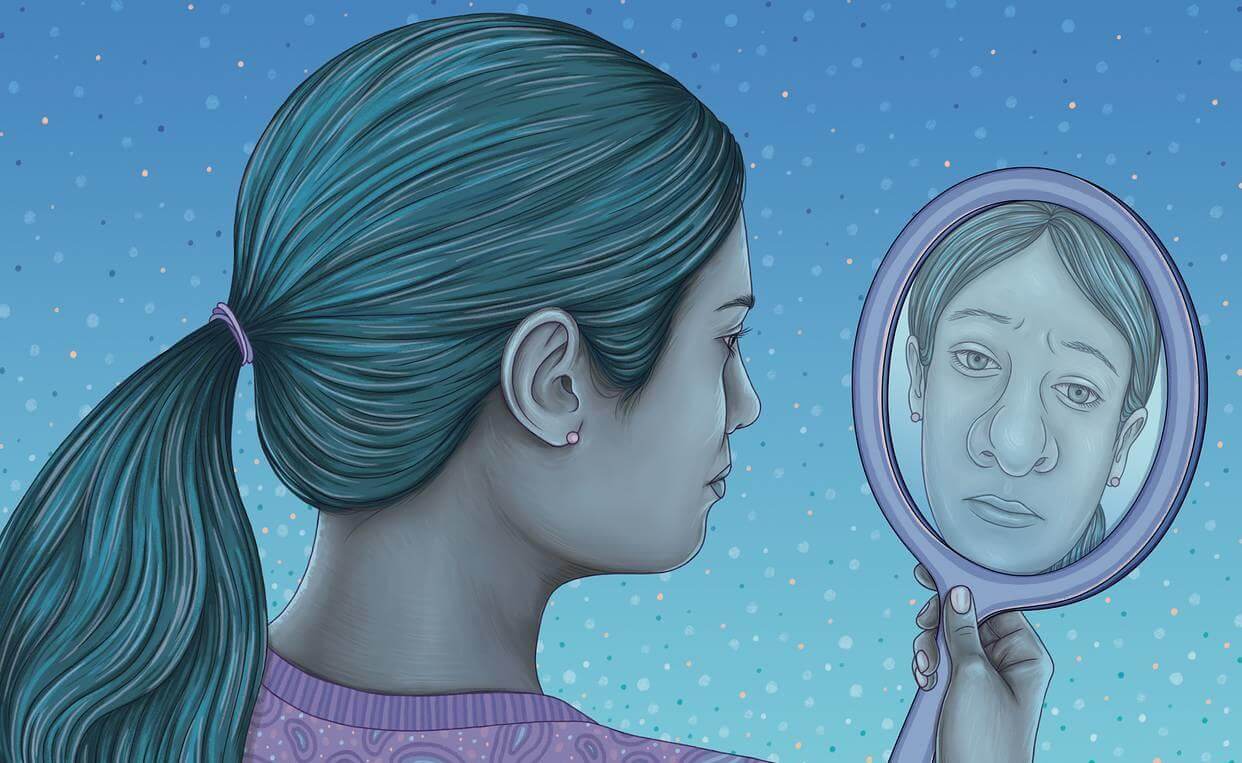 Animated Woman Looking at Mirror and Suffering from Body Dysmorphia