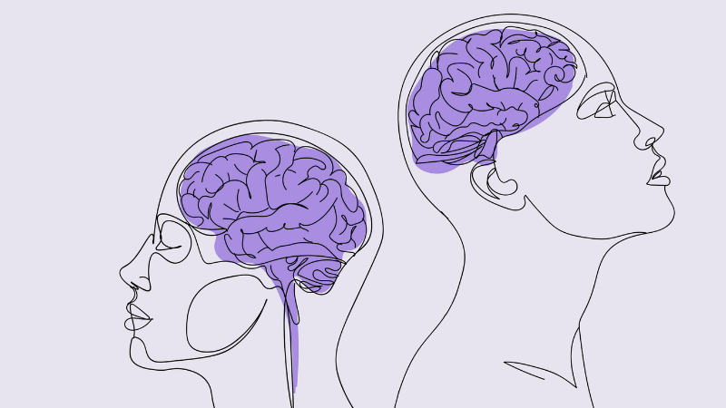 Line drawing of two people with purple brains, symbolising mental health, emotional wellbeing, and psychological support