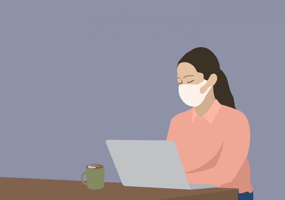 Animated Picture of Woman at Desk Wearing a Face Mask