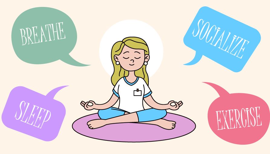 A Poster of Animated Female Meditating on Purple Mat as part of Stress Management