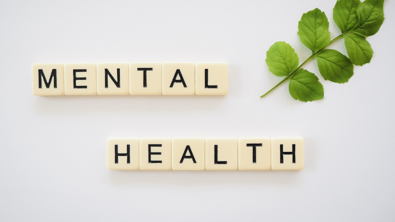 Mental Health spelled out with Scrabble tiles, with a small sprig of plant in the corner