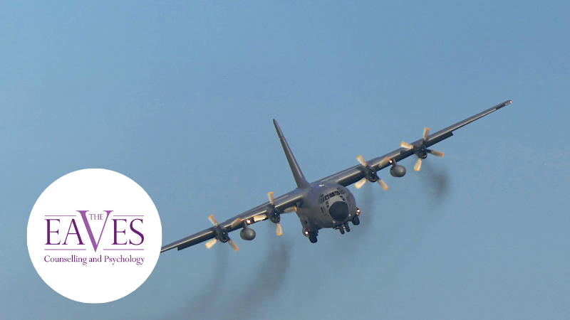 Army plane flying in the sky, symbolising the UK Armed Forces and the importance of mental health and wellbeing in military service.