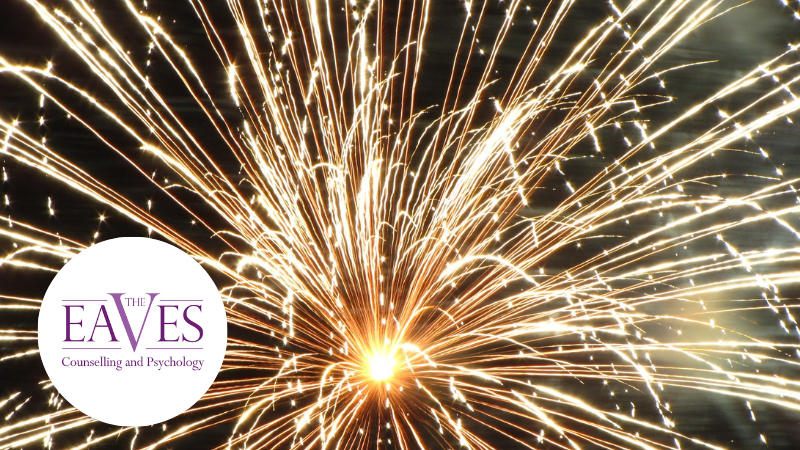 Fireworks in the night sky with The Eaves Counselling and Psychology logo, representing New Year’s resolutions and wellbeing