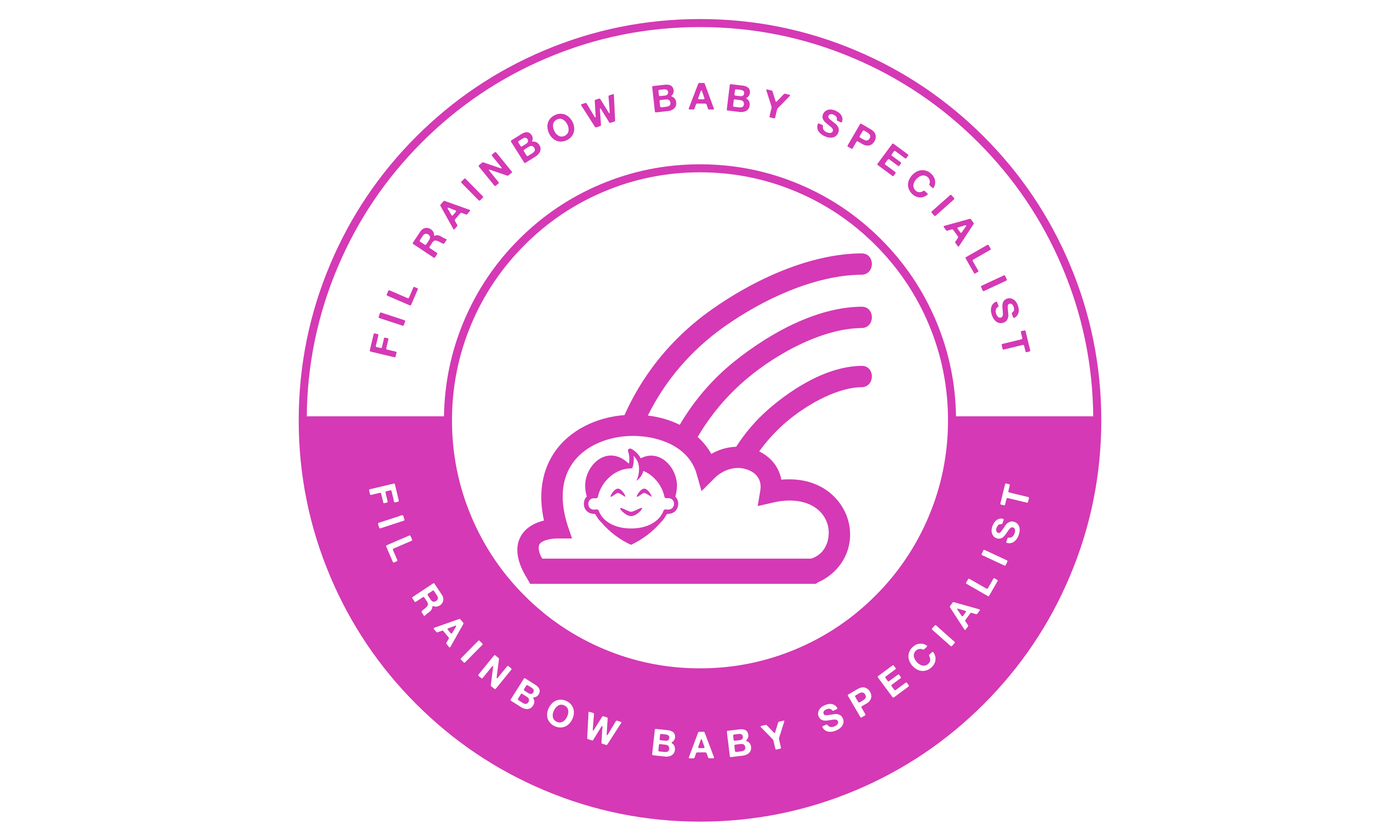 A pink circular logo features the text FIL Rainbow Baby Specialist encircling the edge. Within, a cloud with a smiling babys face is gently cradled by a rainbow, reminiscent of Naveed Shaikhs whimsical touch.