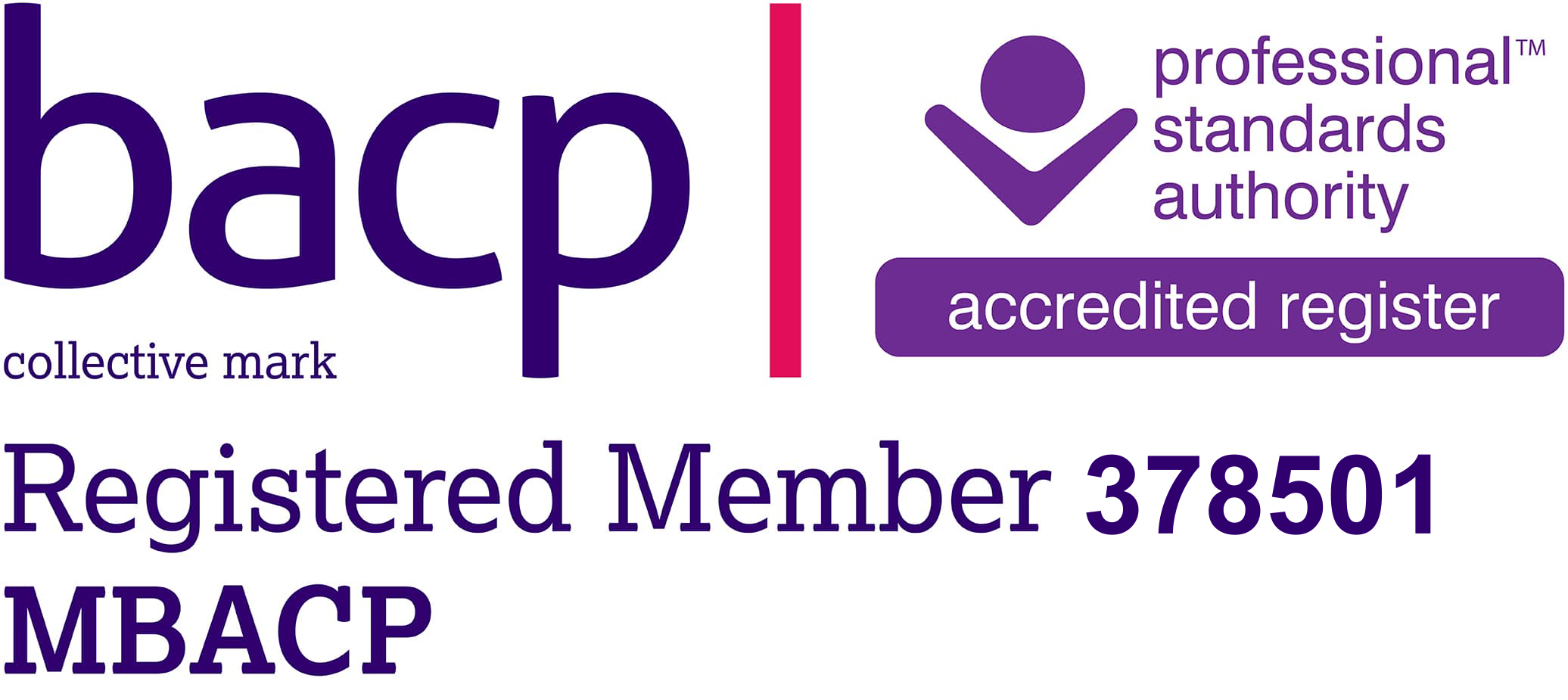 BACP registered member logo showcasing Naveed Shaikhs membership number 378501. Features collective mark and MBACP text, alongside the professional standards authority and accredited register in a sophisticated purple design.