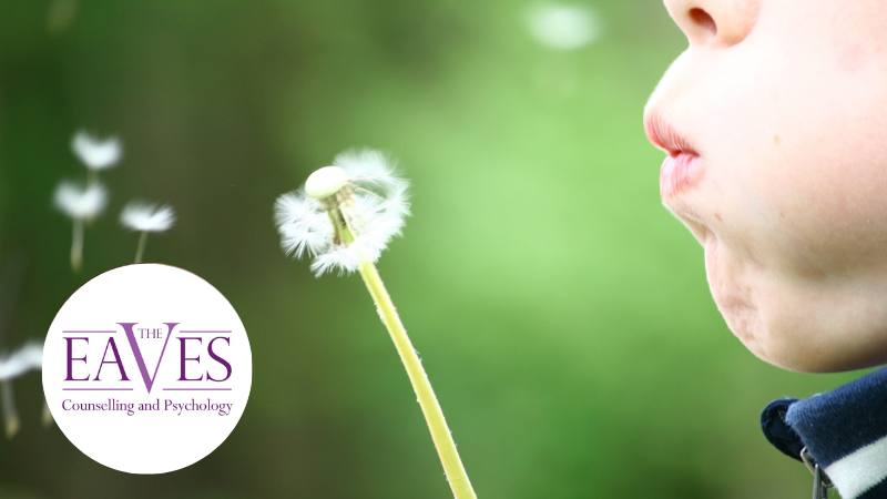 Child blowing dandelion seeds, symbolising healing from childhood emotional trauma and inner child work.