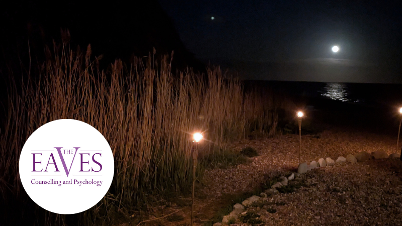 Full moon reflecting on the sea with grassy foreground under a dark sky