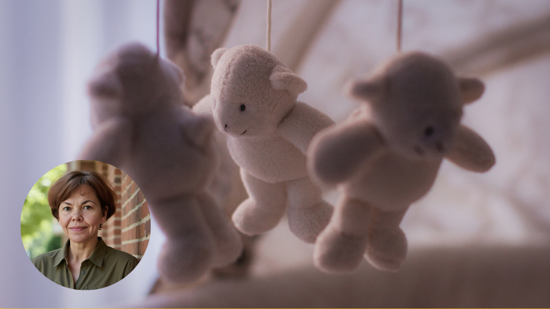 Three lamb plush toys hanging from a baby mobile, symbolising hopes, loss and emotional impact of infertility.