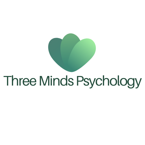 Logo for Three Minds Psychology, designed by Anna Weller, features three overlapping leaf shapes forming a heart, shaded in green tones, above the text Three Minds Psychology. The font is modern and clean on a white background.