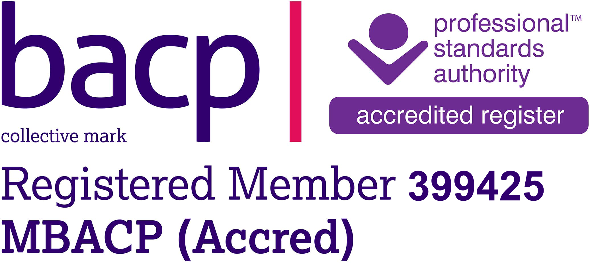 Logo showing BACP collective mark with text Registered Member 399425 MBACP (Accred) next to Professional Standards Authority accredited register logo, proudly associated with Fiona Clifton.