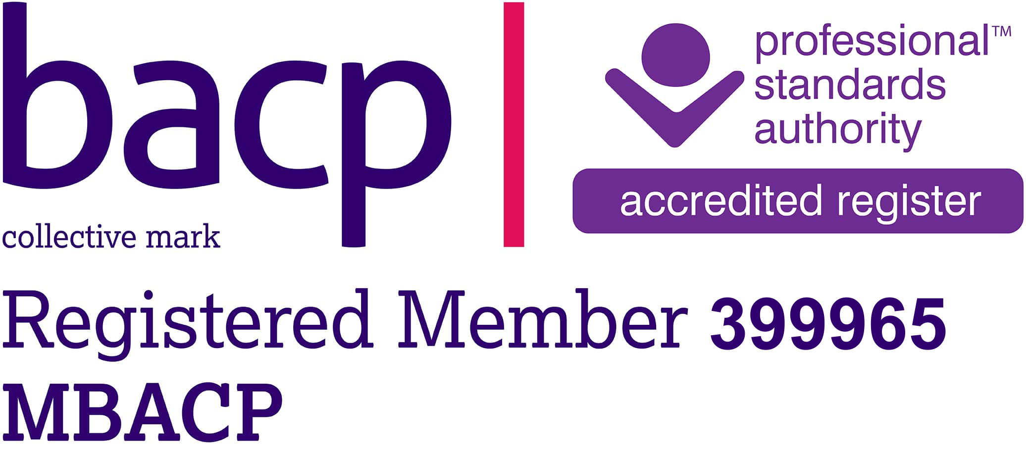 Kate Mallinders design features the BACP logo with Registered Member 399965 MBACP alongside the Professional Standards Authoritys accredited register badge. Displayed in purple and red, it includes a stylized human figure within the badge.