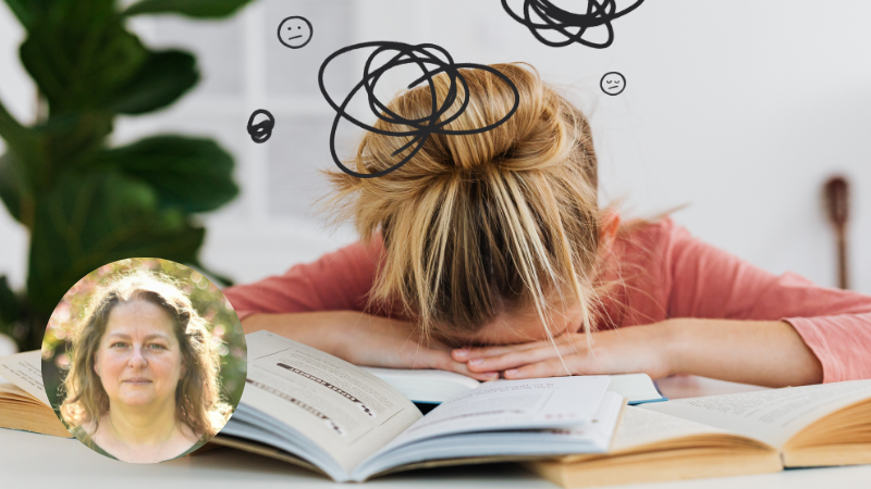 Illustration of a stressed woman holding her head with a tangled stress squiggle above, representing anxiety and emotional overwhelm.