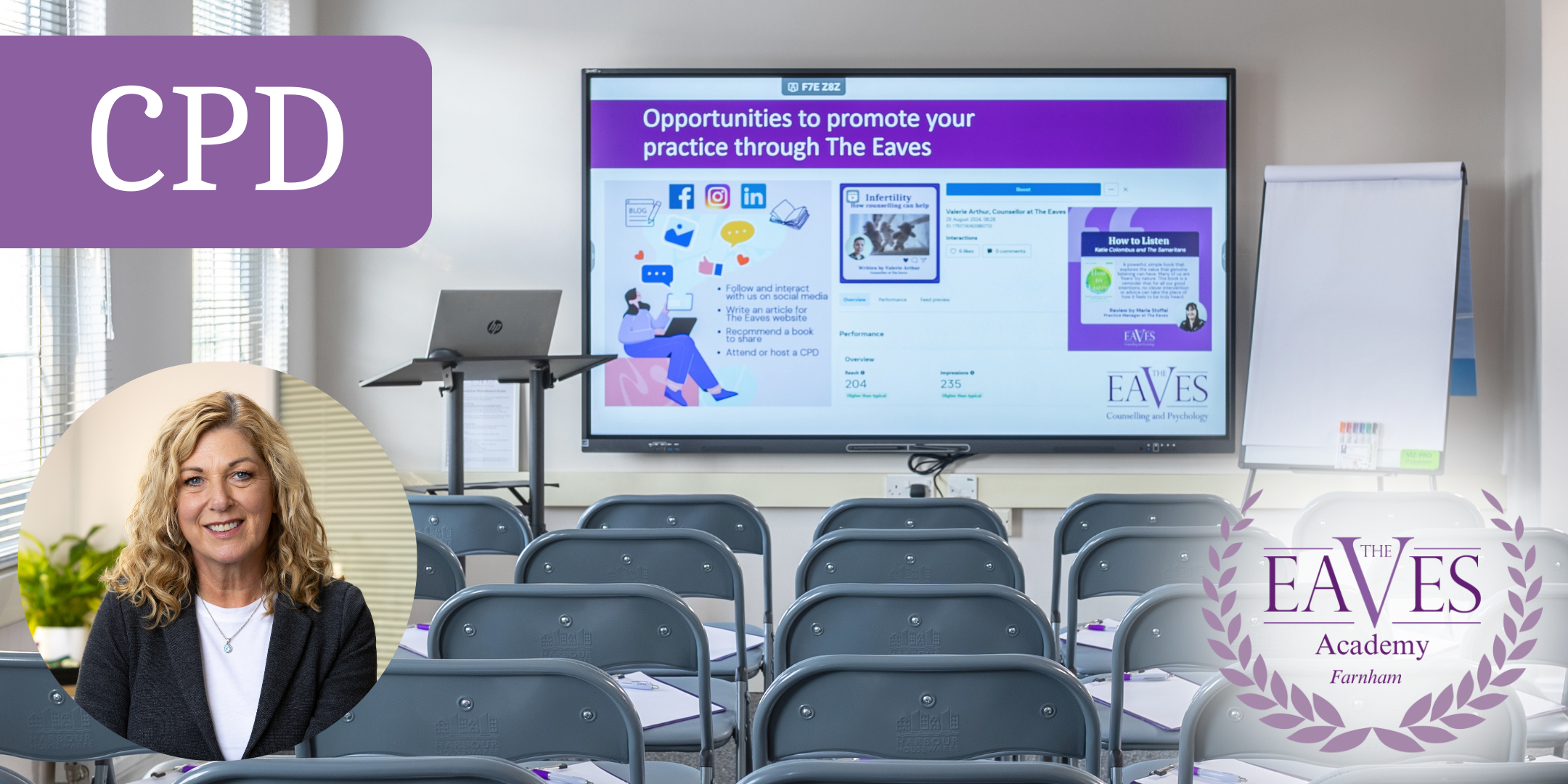 An empty lecture room with rows of chairs facing a large screen displaying slides about promotional opportunities. A stand, flip chart, and a photo of a smiling woman are also visible. The CPD and Eaves Academy logos are displayed.