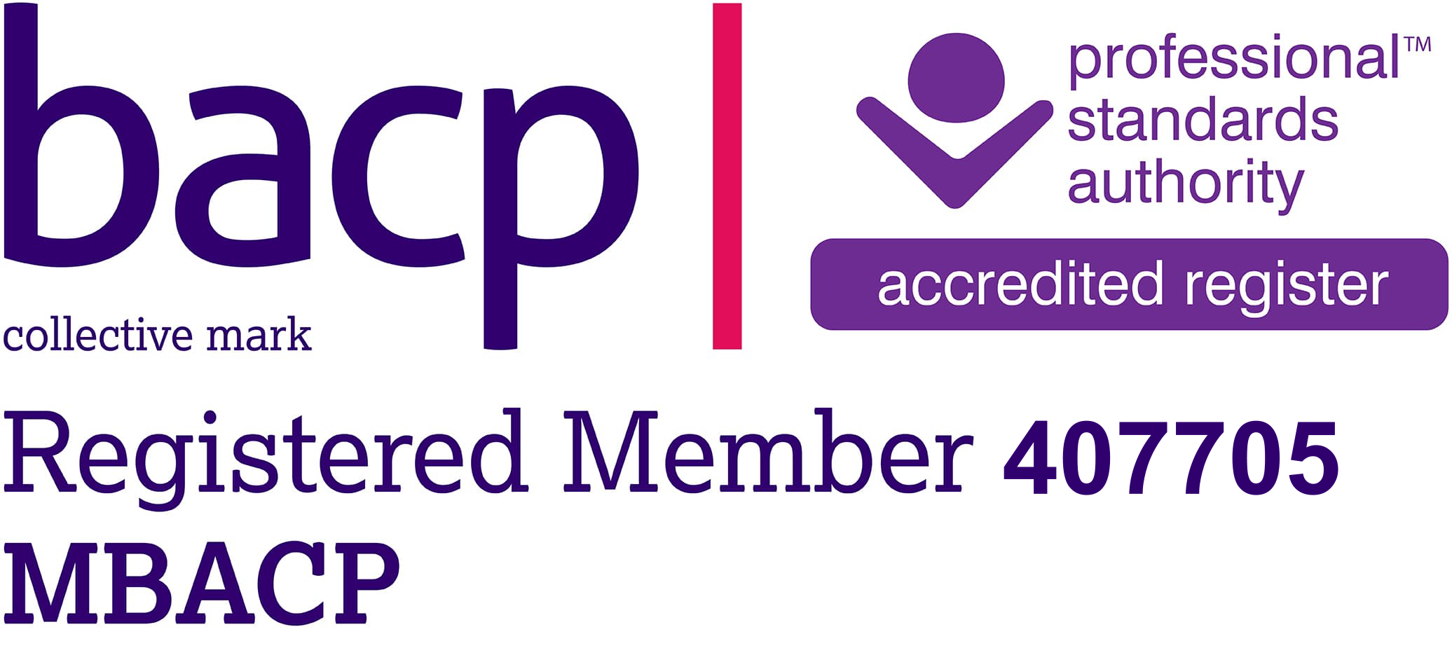 The BACP logo, complemented by the collective mark text, stands alongside a badge that features registered member Craig Isaias number 407705 and MBACP title. Also included is the emblem for the professional standards authority accredited register.