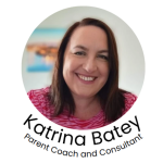 Smiling person with long brown hair wearing a pink shirt. Text reads Katrina Batey, Parent Coach and Consultant. The background is blurred.