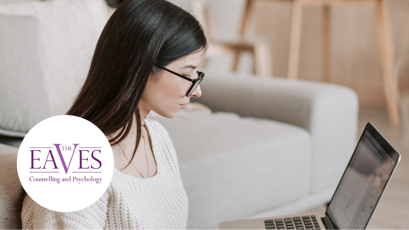 Young woman attending an online therapy session at home, representing virtual counselling services in Surrey.