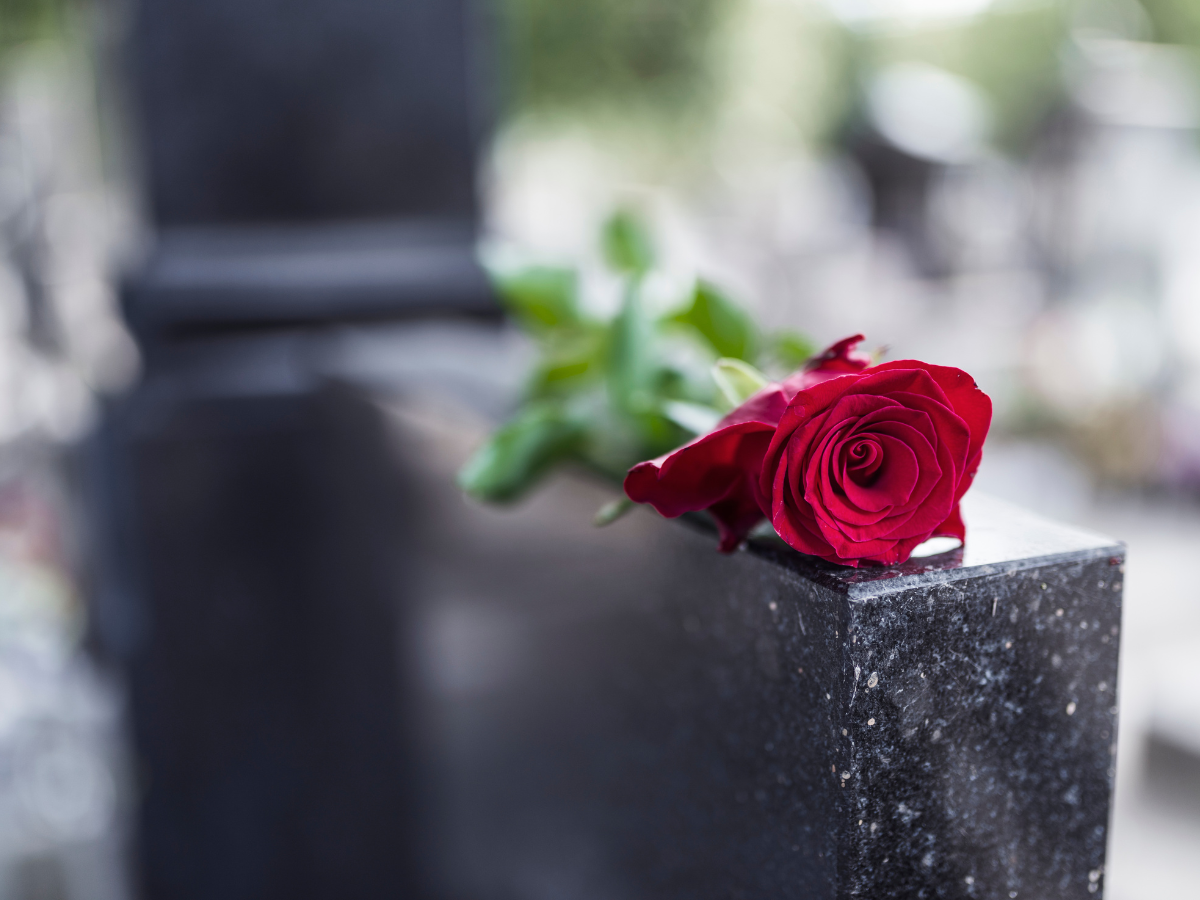 A single red rose with green leaves rests on the edge of a dark granite tombstone in a cemetery, symbolizing remembrance and mourning. The background is softly blurred.