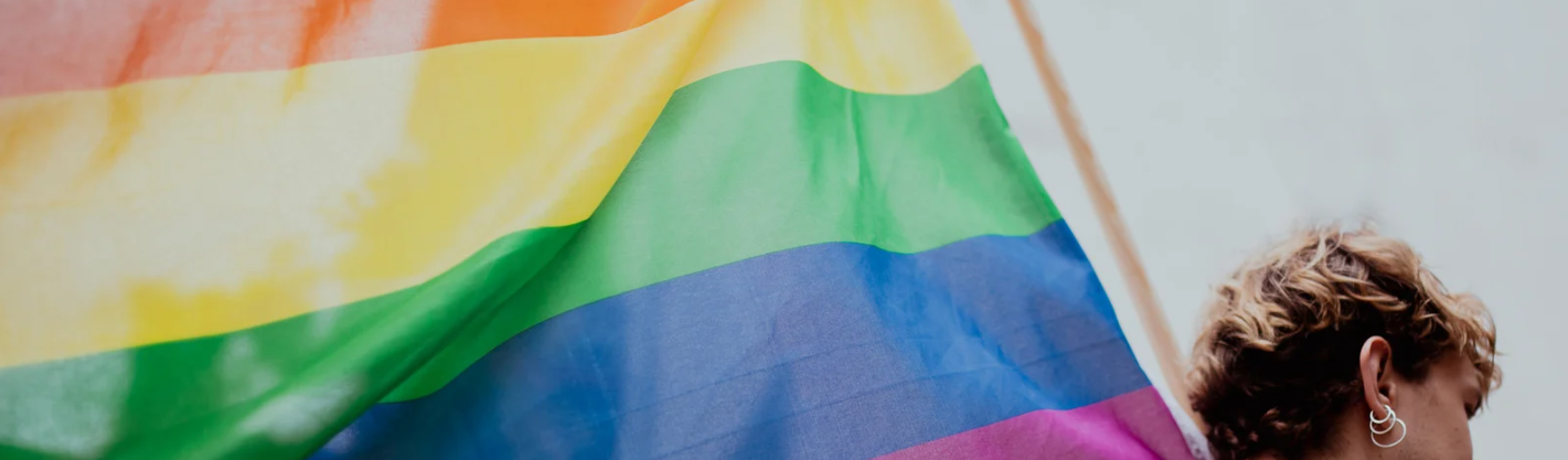 A person with short hair stands partially visible, holding a large rainbow flag. The flag features bold horizontal stripes in red, orange, yellow, green, blue, and purple. The background is light and out of focus.