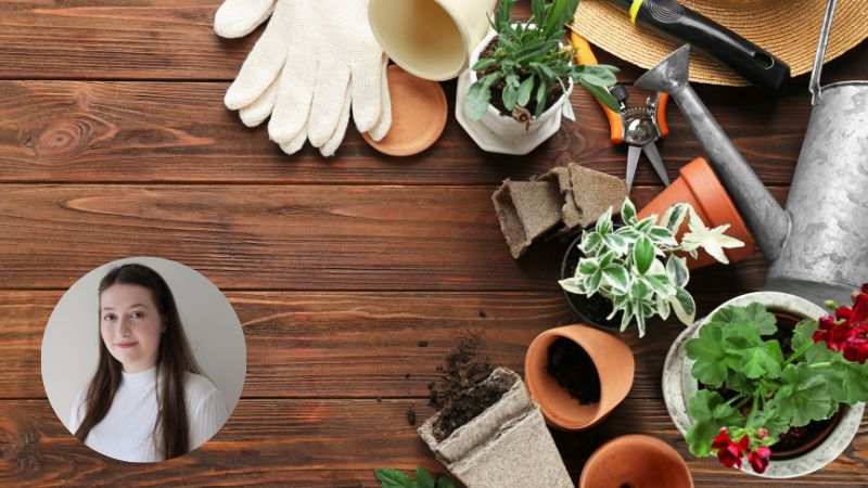 Gardening tools and equipment, including pots, gloves, a watering can, and plants, are arranged on a wooden surface. A small circular inset shows a person with long hair, wearing a white top, against a plain background.