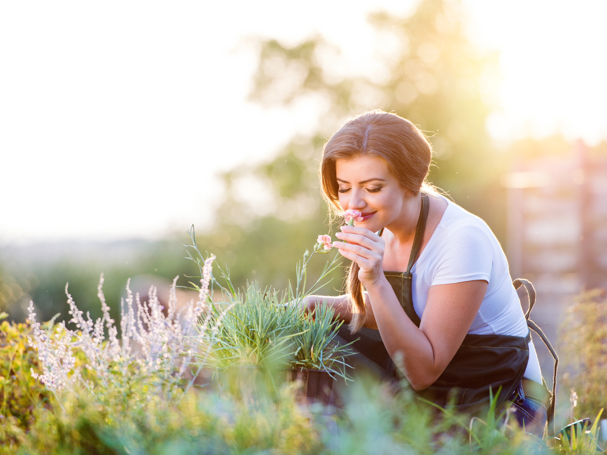 A woman with braided hair in a white shirt and apron sits in a garden, smelling a flower. The sun is shining brightly in the background, illuminating the greenery and flowers around her.