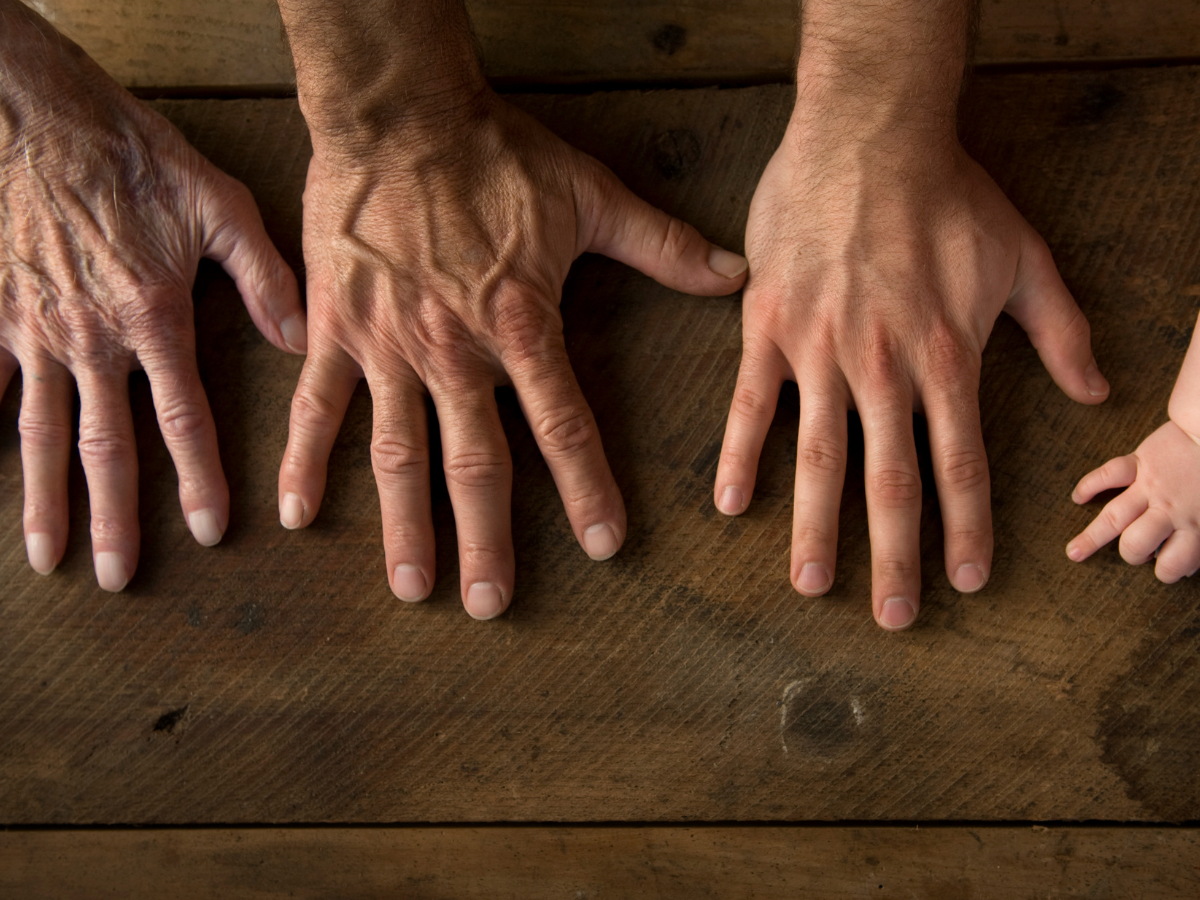 Three hands of different ages—a senior, an adult, and a child—are placed side by side on a rustic wooden surface, showcasing a generational contrast.