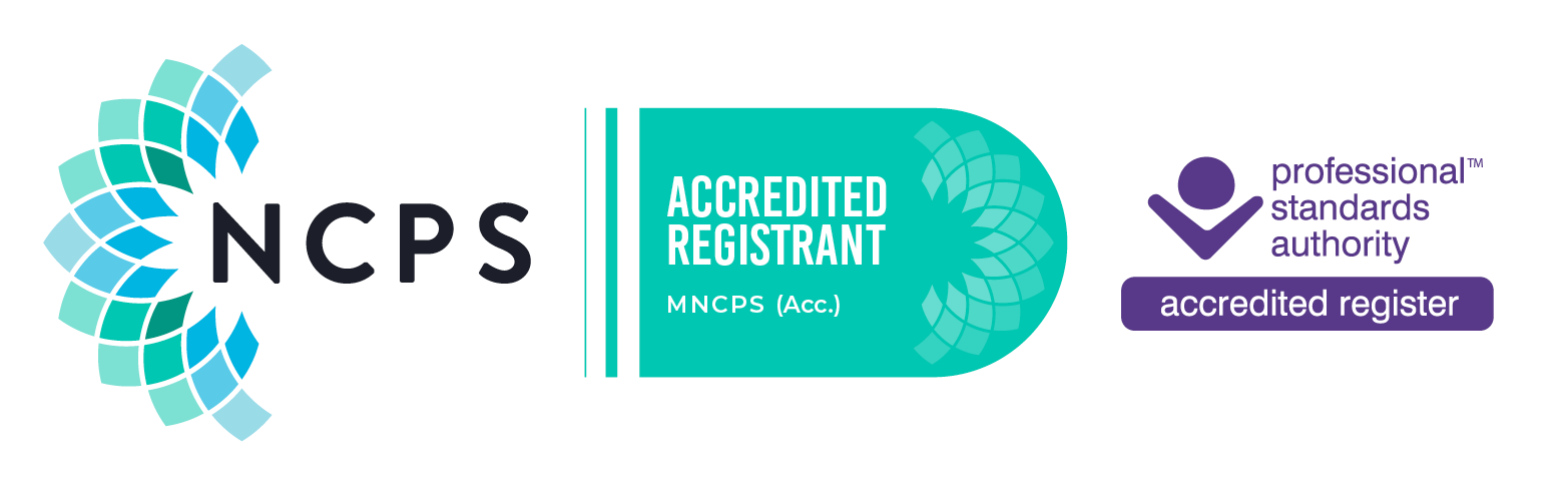 NCPS logo and Accredited Registrant MNCPS (Acc.) badge, along with Karen Woodger’s name, are displayed next to the Professional Standards Authority logo and accredited register label on a white background.