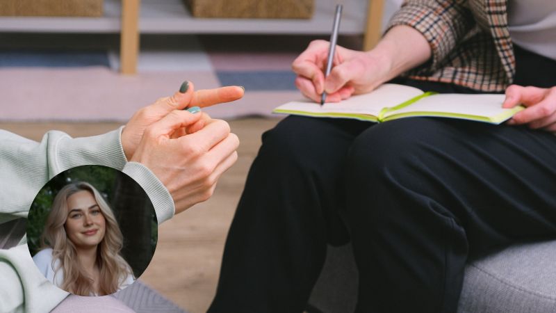 A close-up of two people in conversation; one gestures with their hands while the other writes in a notebook. In the corner, there is an inset photo of a smiling woman with long blonde hair outdoors.