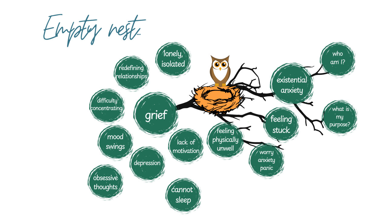A graphic titled Empty Nest shows an owl in a nest on a branch, surrounded by green circles with words like grief, lonely, existential anxiety, depression, and emotions eased by bereavement support services Surrey.
