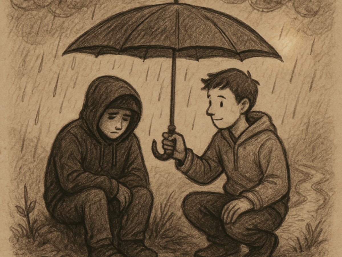 Two equal-height figures standing side by side under easing rain, with the adult figure holding out a strong, wide umbrella to the younger self and a small handwritten note offering support.
