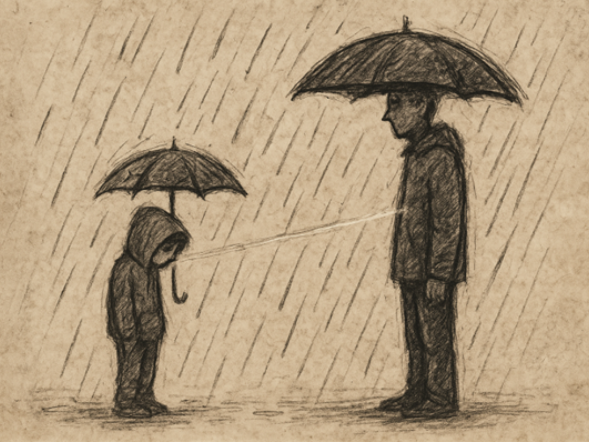 A simple scribbled figure of a young person standing alone with a small cracked umbrella under rain, beside a taller adult figure with umbrellas almost touching and a faint light connecting their chests.