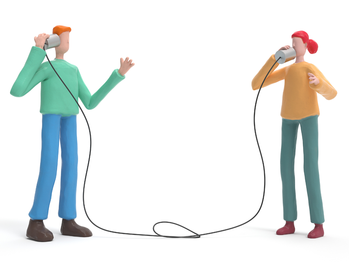 A simple illustration of two people connected by a tin can telephone, symbolising open communication.