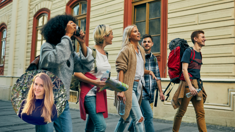 A group of millennial friends enjoying travel together, symbolising connection and wellbeing. Therapist Annalise Baker is shown in a circular portrait at the bottom left of the image.