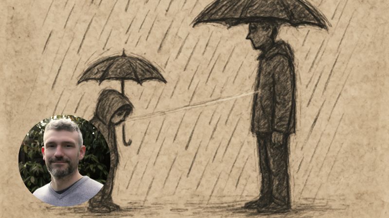 A simple scribbled figure of a young person standing alone with a small cracked umbrella under rain, beside a taller adult figure with umbrellas almost touching and a faint light connecting their chests.
