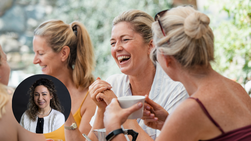 A group of women laughing together in a supportive workshop setting, with Dr Simona Chereji pictured in a small circle at the bottom right as the course facilitator.