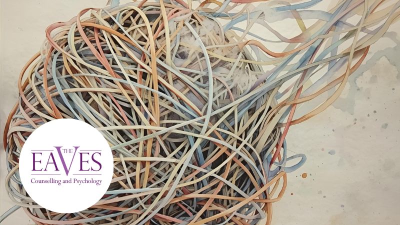 Abstract illustration of tangled pastel-coloured lines forming a chaotic ball, with The Eaves Counselling and Psychology logo in the corner, symbolising the complexity of OCD thoughts and the clarity offered through therapy.