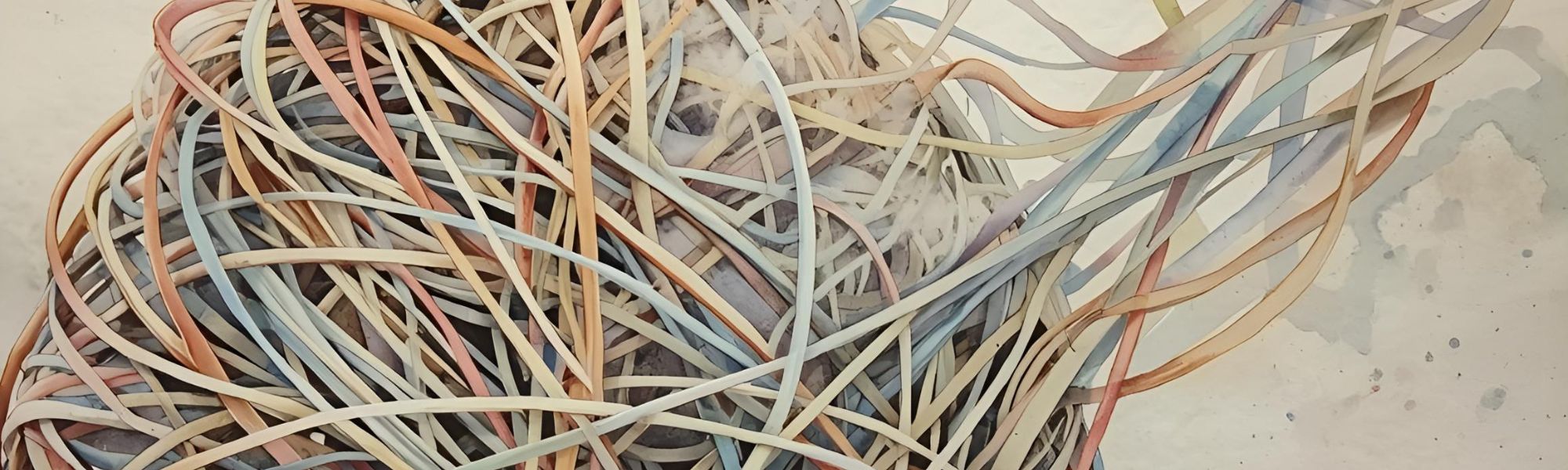 Abstract illustration of tangled, multicoloured lines resembling a chaotic ball of string, symbolising the complexity of OCD thoughts and behaviours.