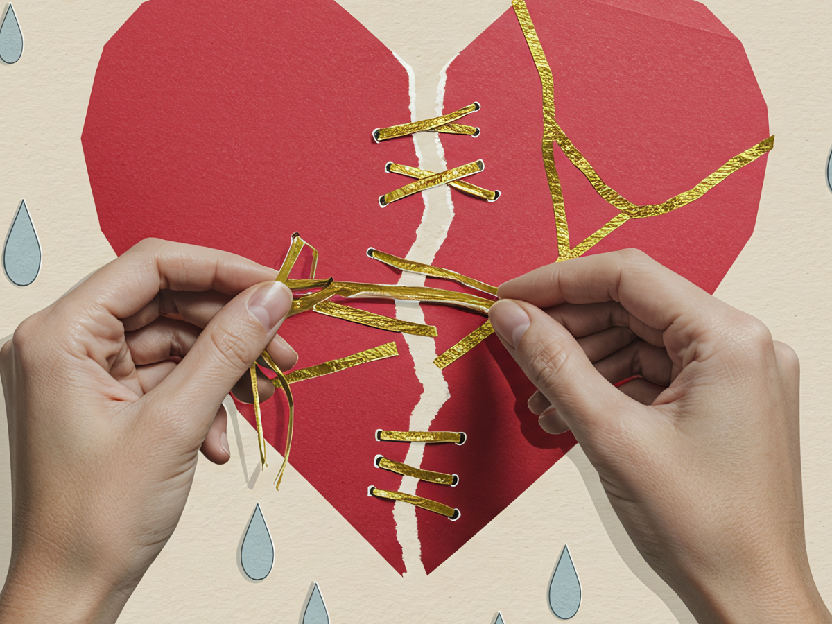 Hands mending a torn red paper heart with yellow thread, symbolizing healing after emotional loss.
