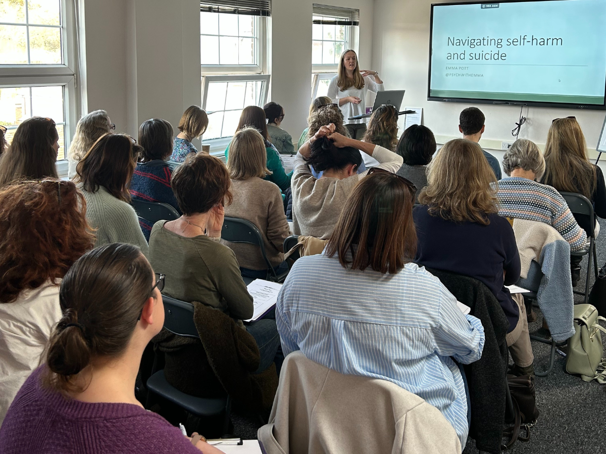 Mental health workshop in Farnham with therapist presenting to a group of attendees