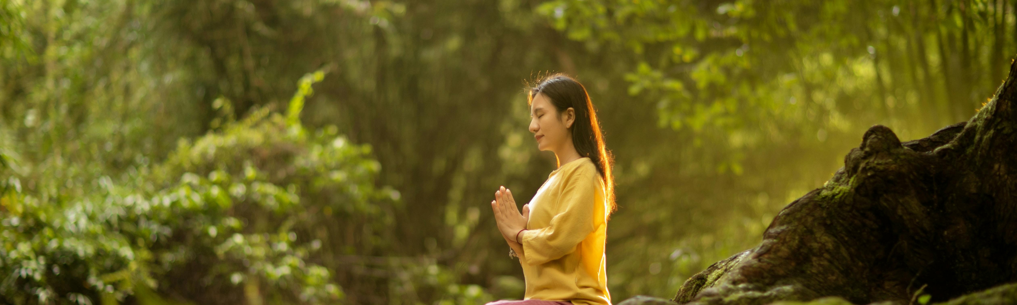 Woman sitting cross-legged in a forest by a river, hands together in a meditation pose