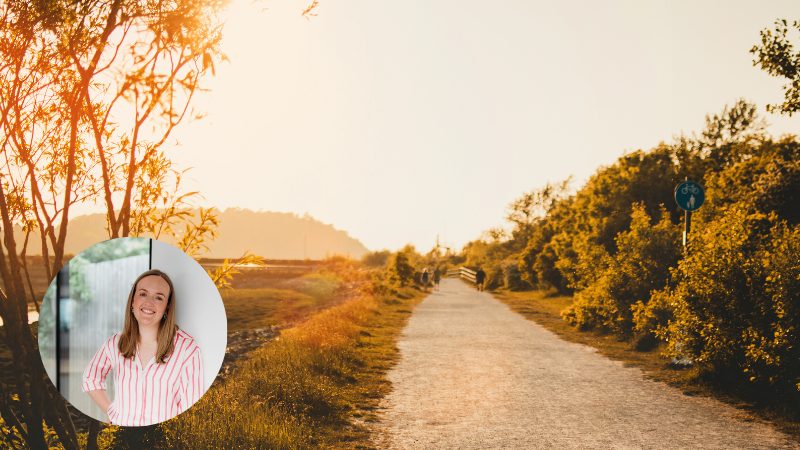 A peaceful tree-lined pathway in warm evening light, symbolising reflection, wellbeing and personal growth with circle bottom left with Emma Pott author of blog