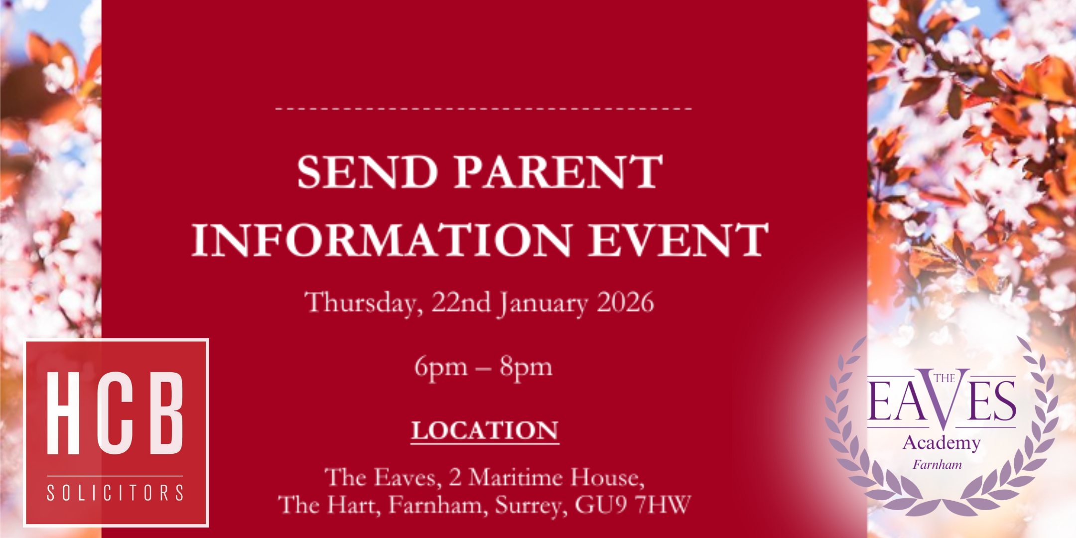 SEND support for parents information. Logos for HCB Solicitors and The Eaves Academy Farnham are displayed.