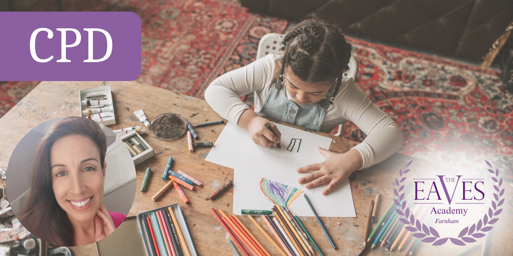 Young child drawing at a table with coloured pencils during a CPD workshop on childhood psychological assessment through projective drawings at The Eaves Academy Farnham.