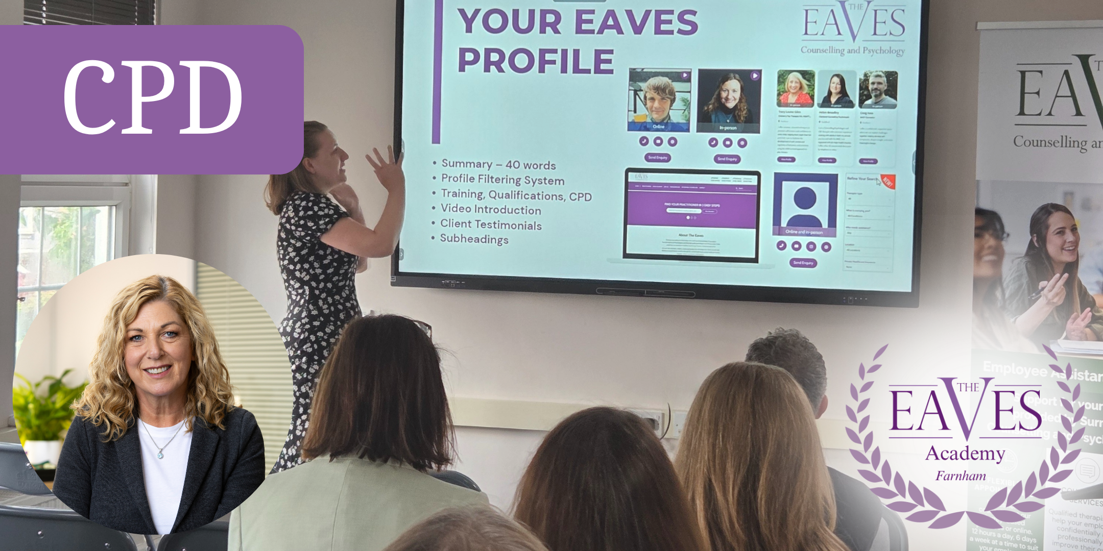 Bridget Walford presenting a CPD training session at The Eaves Academy, showing marketing and profile strategies to a group of practitioners in a classroom setting.