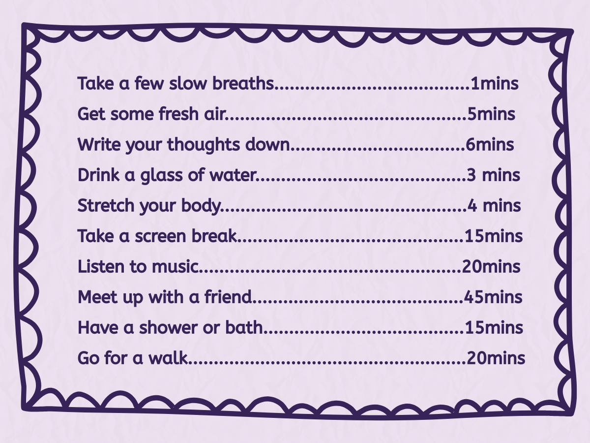 Self-Care Menu with simple activities and recommended times for supporting mental health and wellbeing