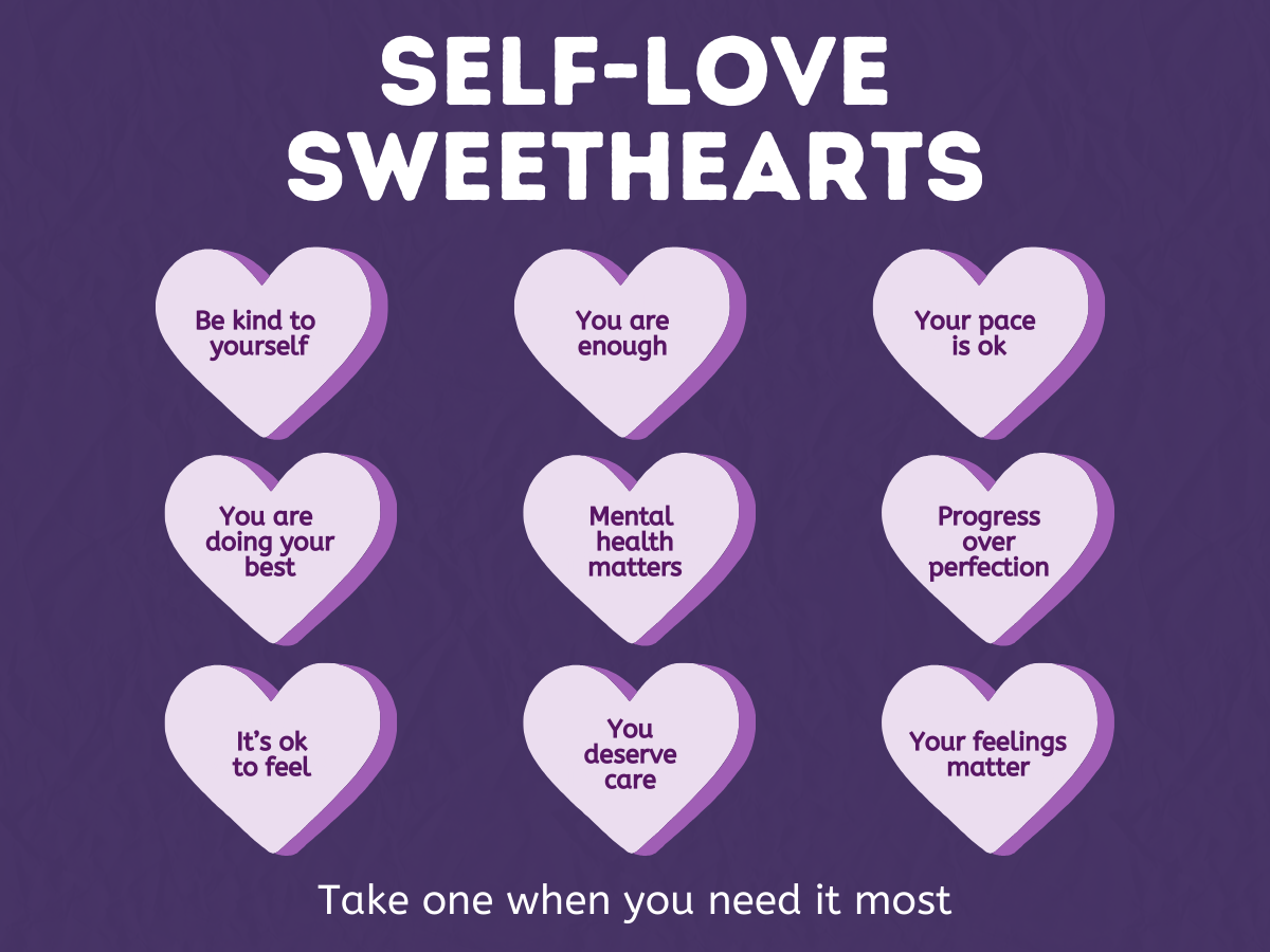 Purple background with light purple heart icons showing self-love messages like “You are enough” and “Be kind to yourself”