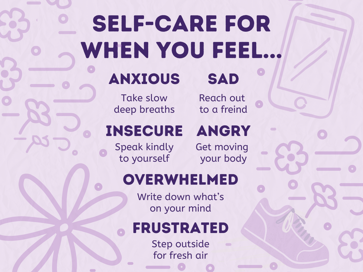 Self-care guide for different emotions including sadness, anxiety, insecurity, anger, overwhelm, and frustration
