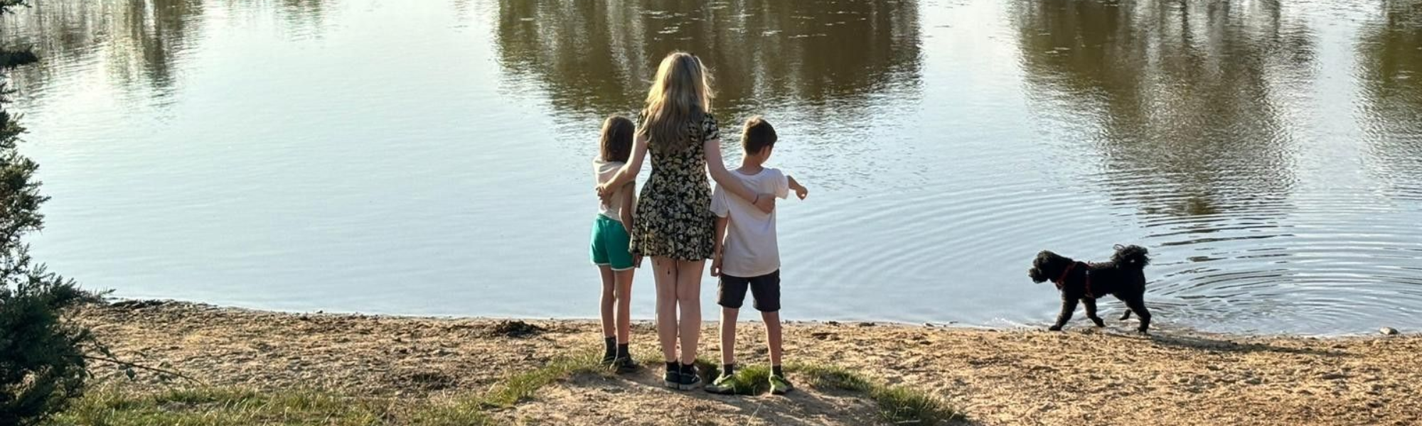 Three children standing by a lake with a dog approaching, siblings embracing while looking at water with trees and cows reflected in the background