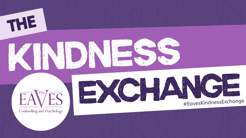 Feature image for the Kindness Exchange with cute badges, including a frog, koala, brain emoji, and motivational self-care messages