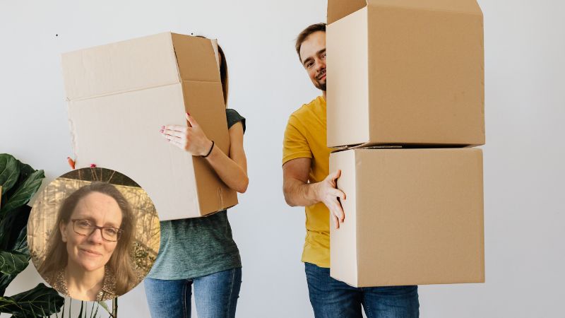 Man and woman carrying boxes while moving house, representing life transitions and coping with change