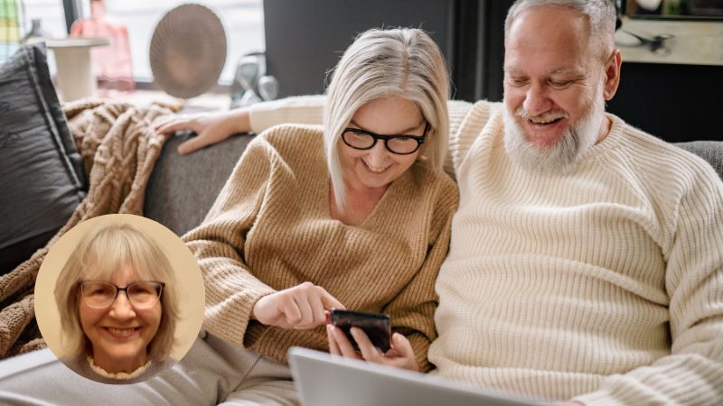 Header image showing an elderly couple sitting on a sofa laughing together, with a profile photo of Marian, the blog author, displayed in the corner.
